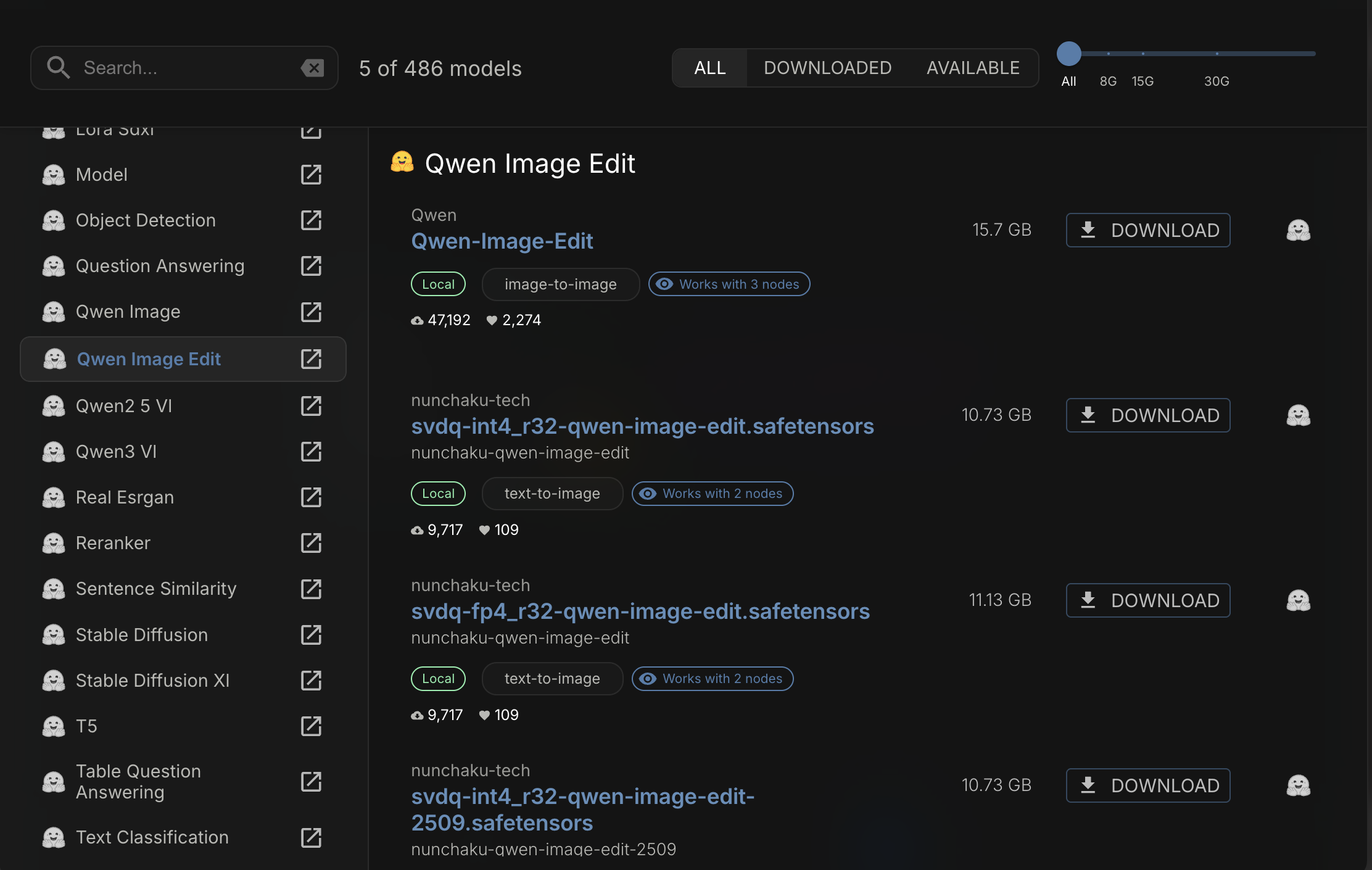 Model manager interface showing Hugging Face integration